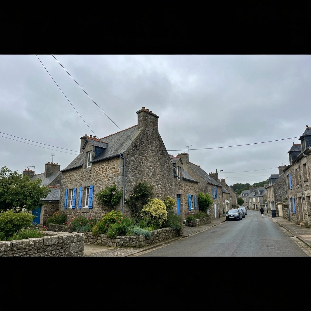Maison bretonne traditionnelle avec volets bleus et jardin