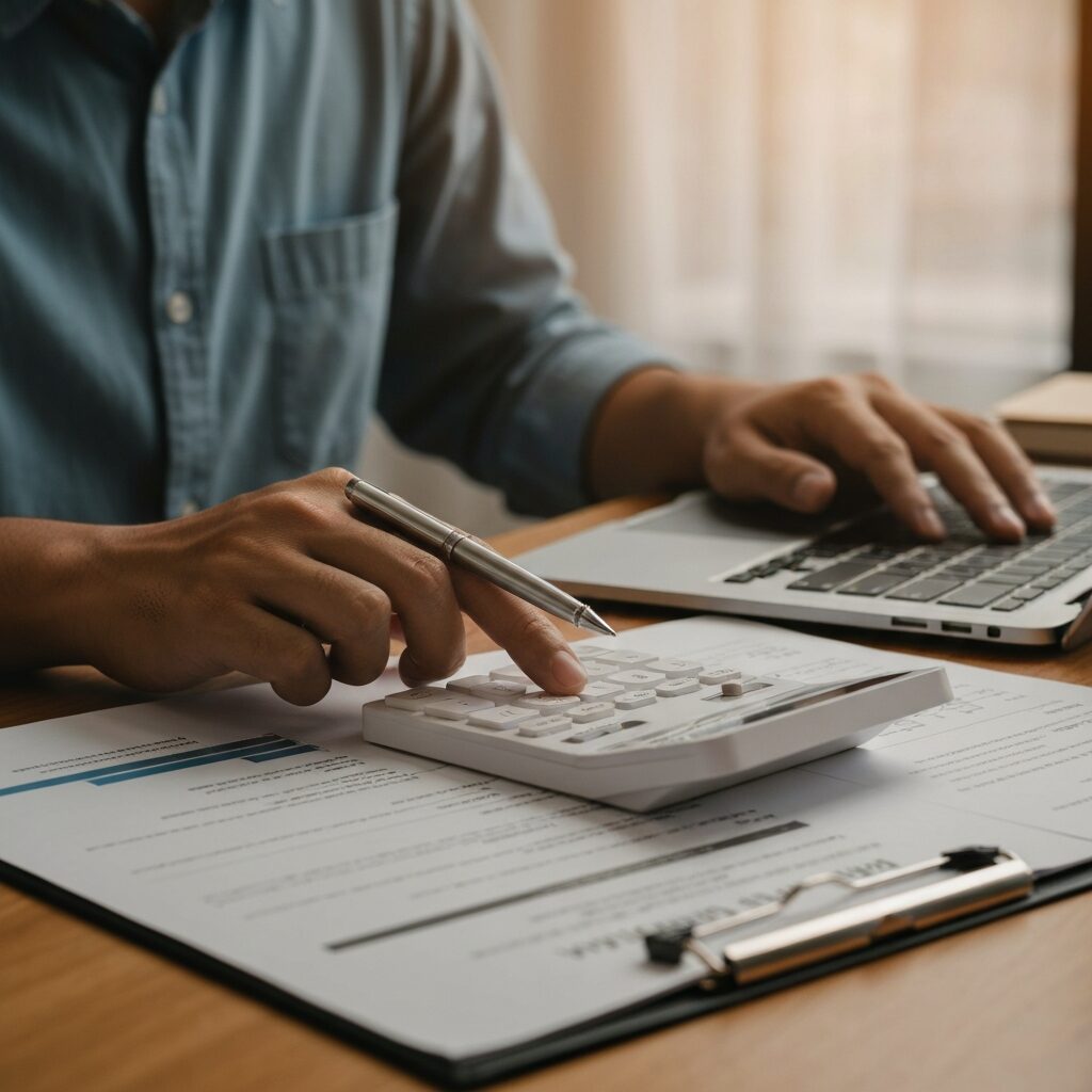 Personne calculant ses revenus locatifs sur ordinateur