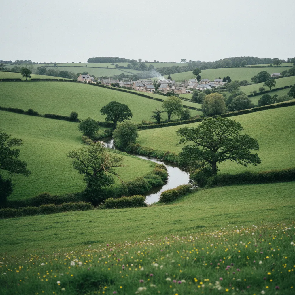 Paysage rural autour de Plouay avec la vallée du Scorff en arrière-plan