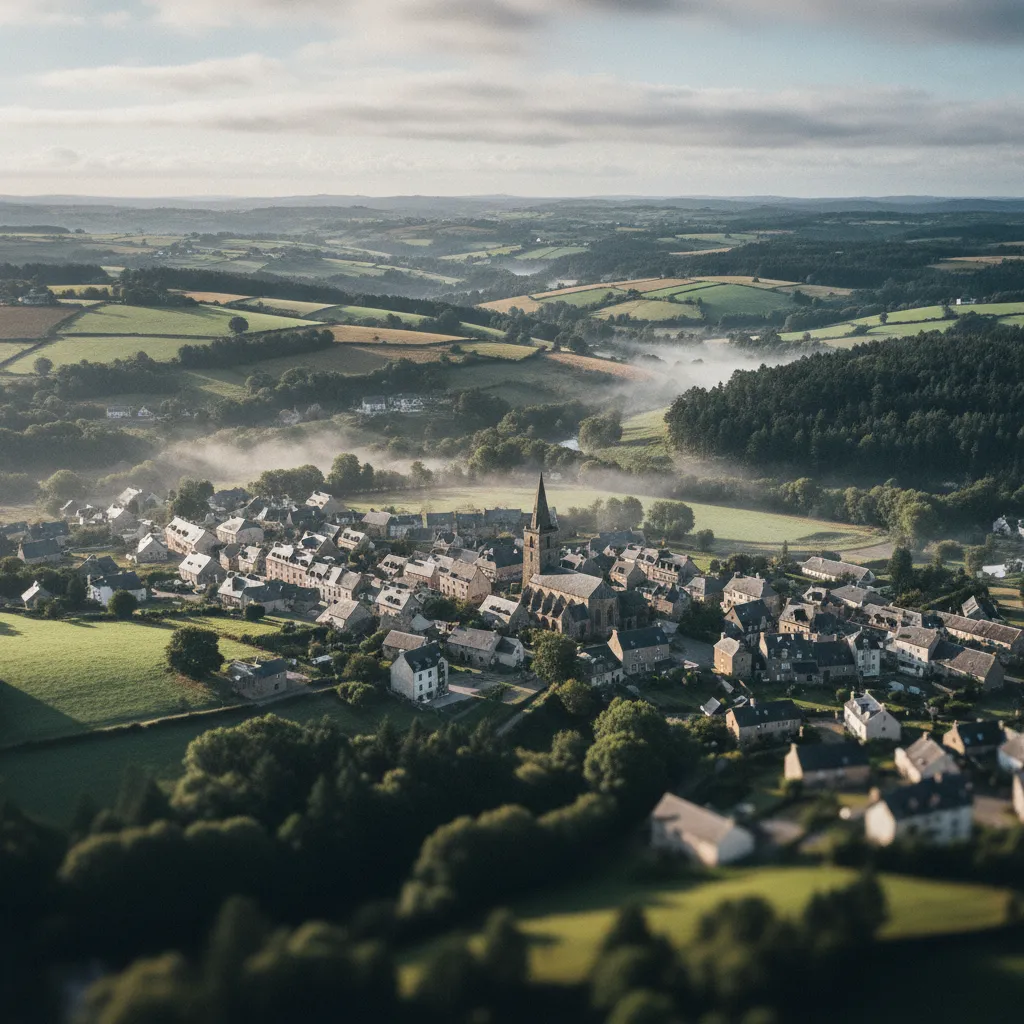 Vue du bourg de Bubry et de la campagne environnante dans le Morbihan