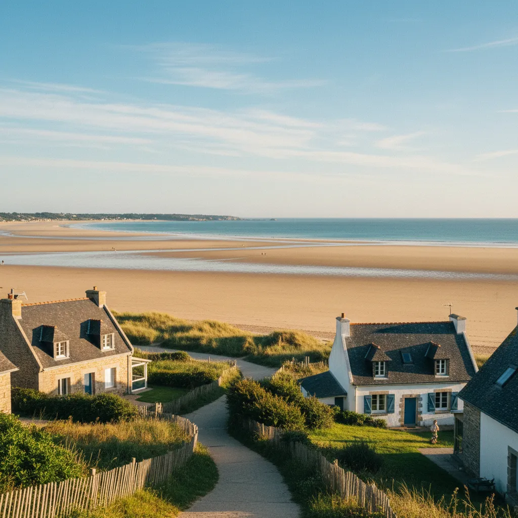 La Grande Plage de Carnac vue depuis le sentier côtier bordé de maisons