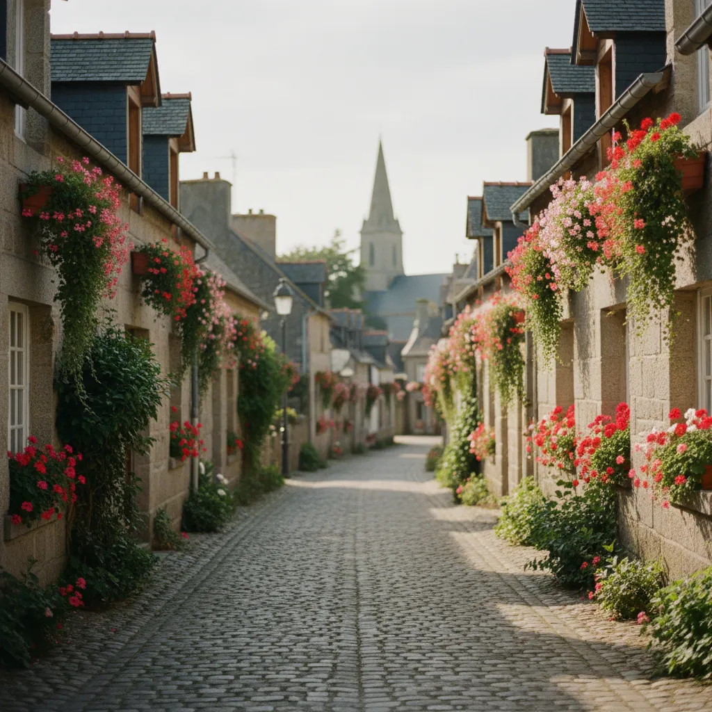 Ruelle du bourg historique de Carnac avec ses maisons en granit fleuries