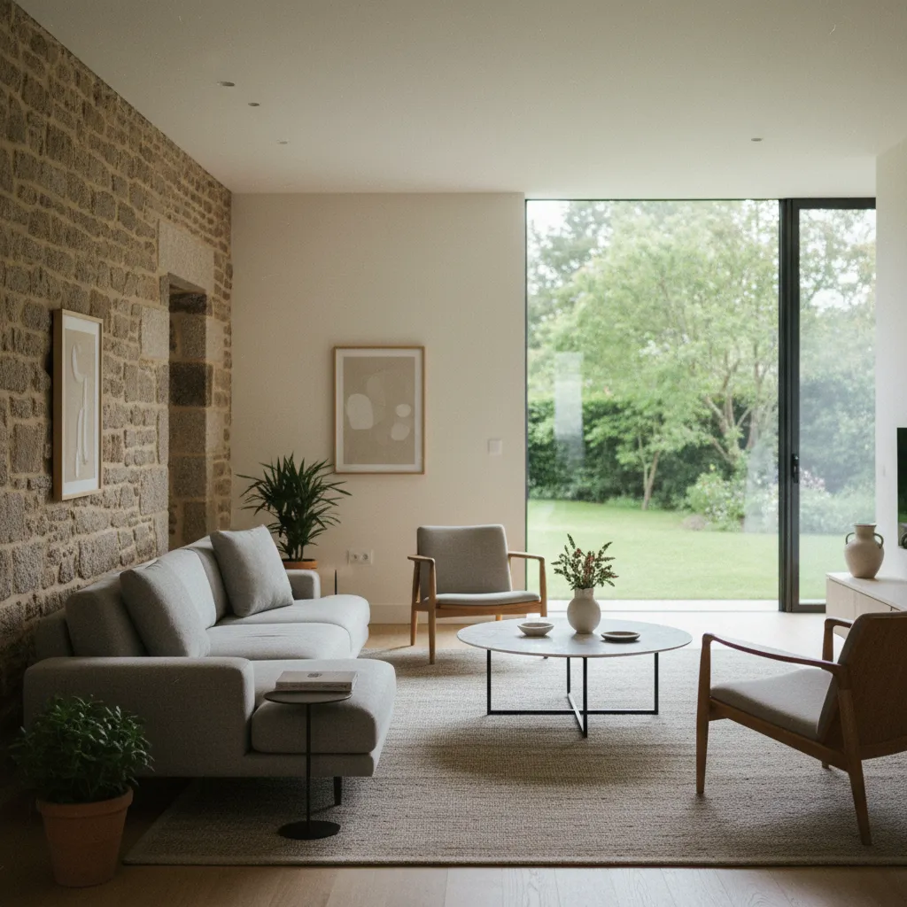 Intérieur rénové d'une maison bretonne alliant pierre apparente et modernité