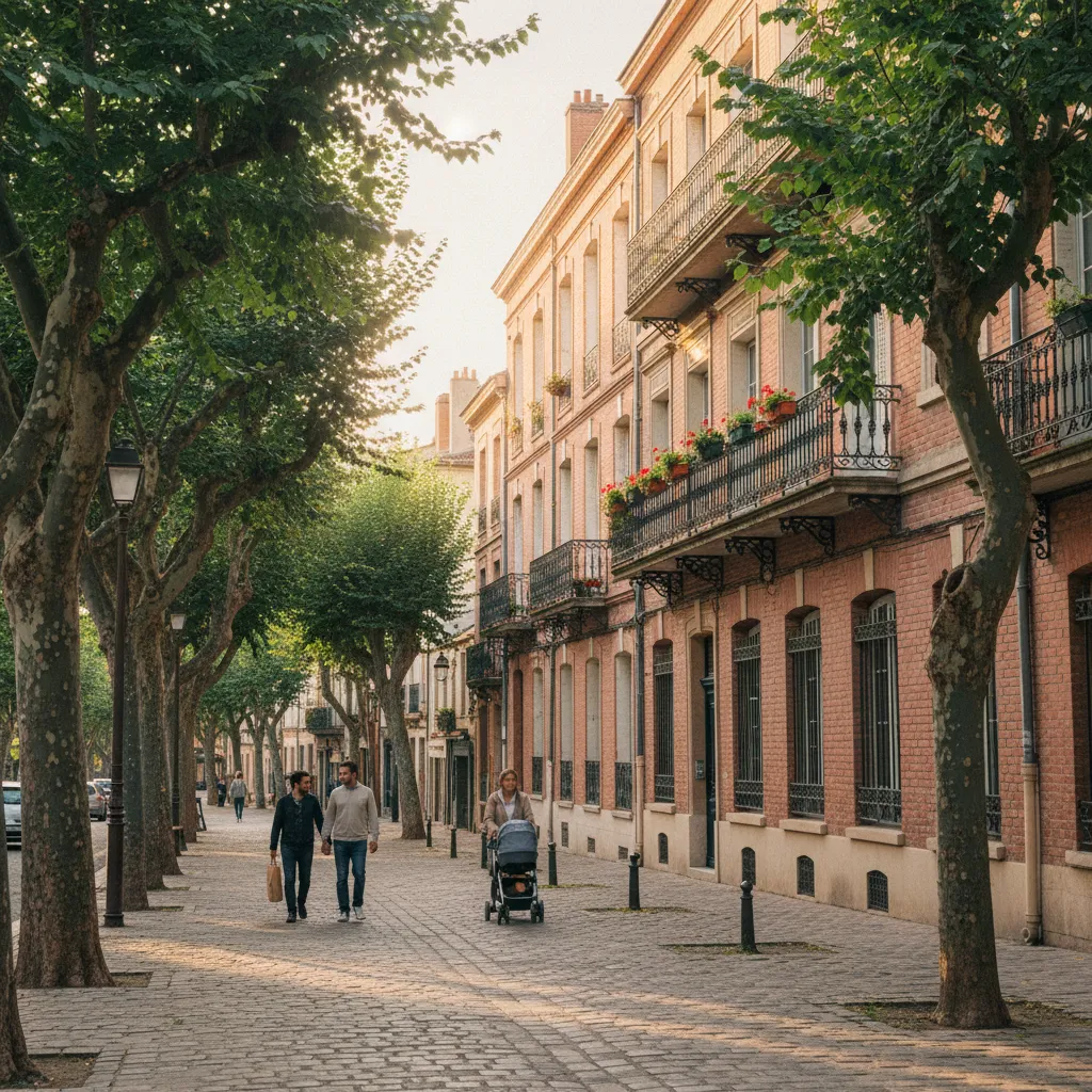 Rue résidentielle typique de Toulouse avec ses façades en brique caractéristiques