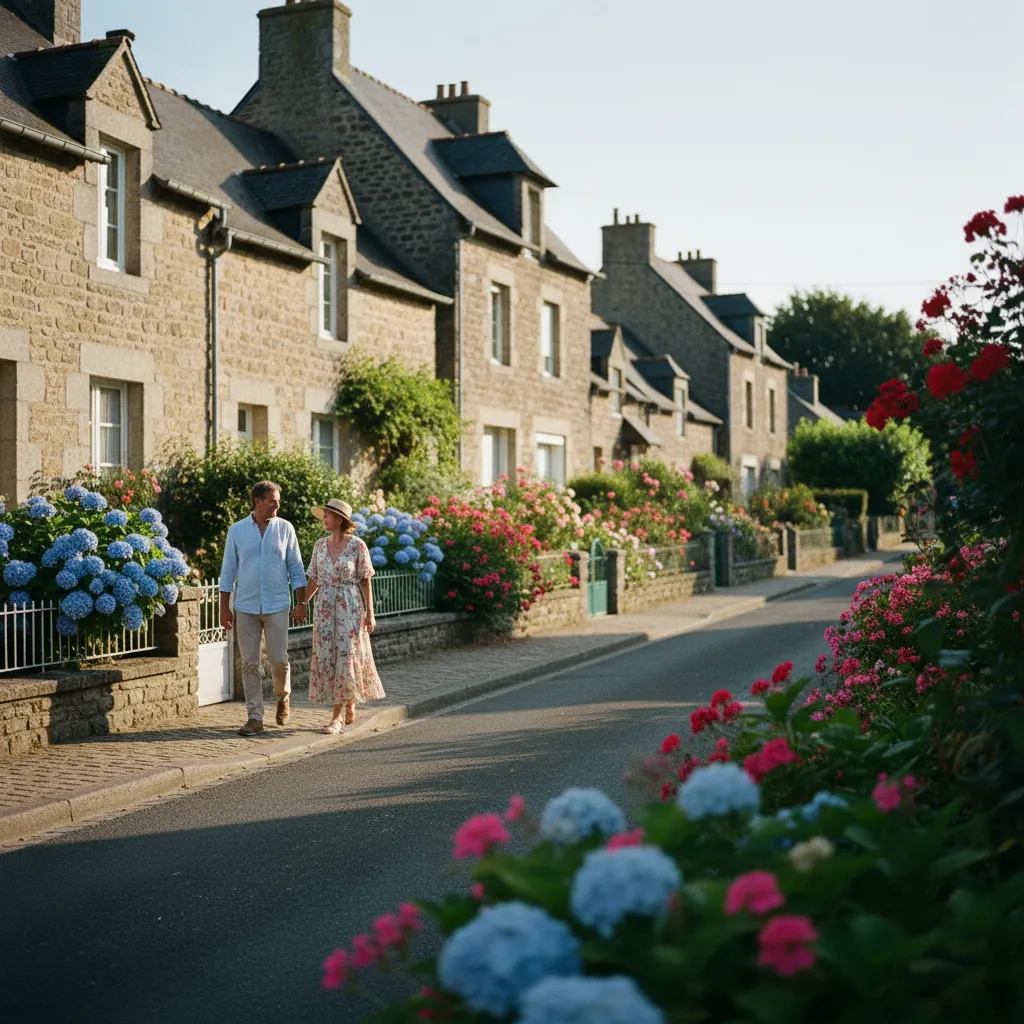 Rue résidentielle typique d'un quartier familial lorientais avec maisons en pierre et jardins fleuris