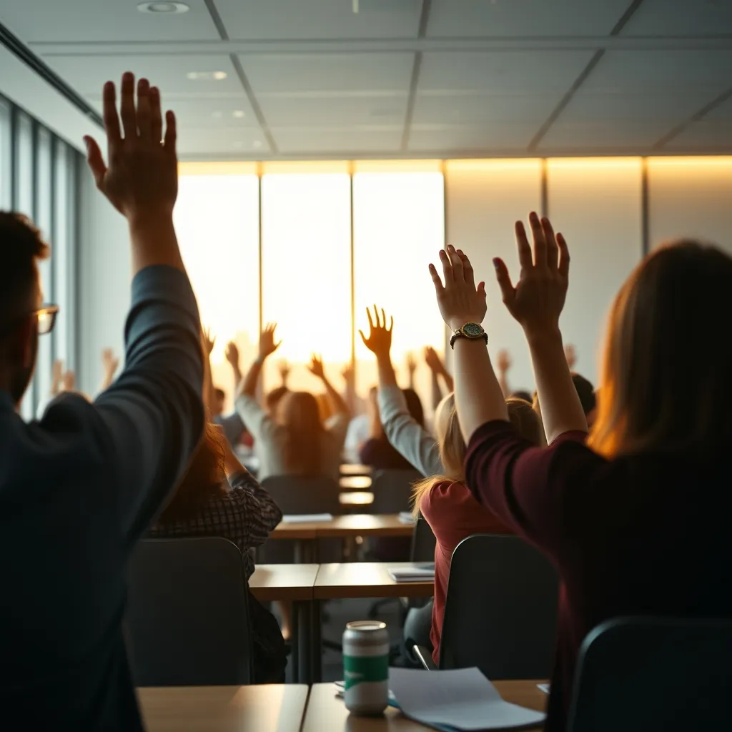 Les copropriétaires votent à main levée lors de l'examen des résolutions en assemblée générale