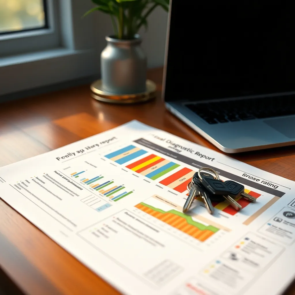 Rapport de diagnostic immobilier avec étiquettes énergétiques sur un bureau
