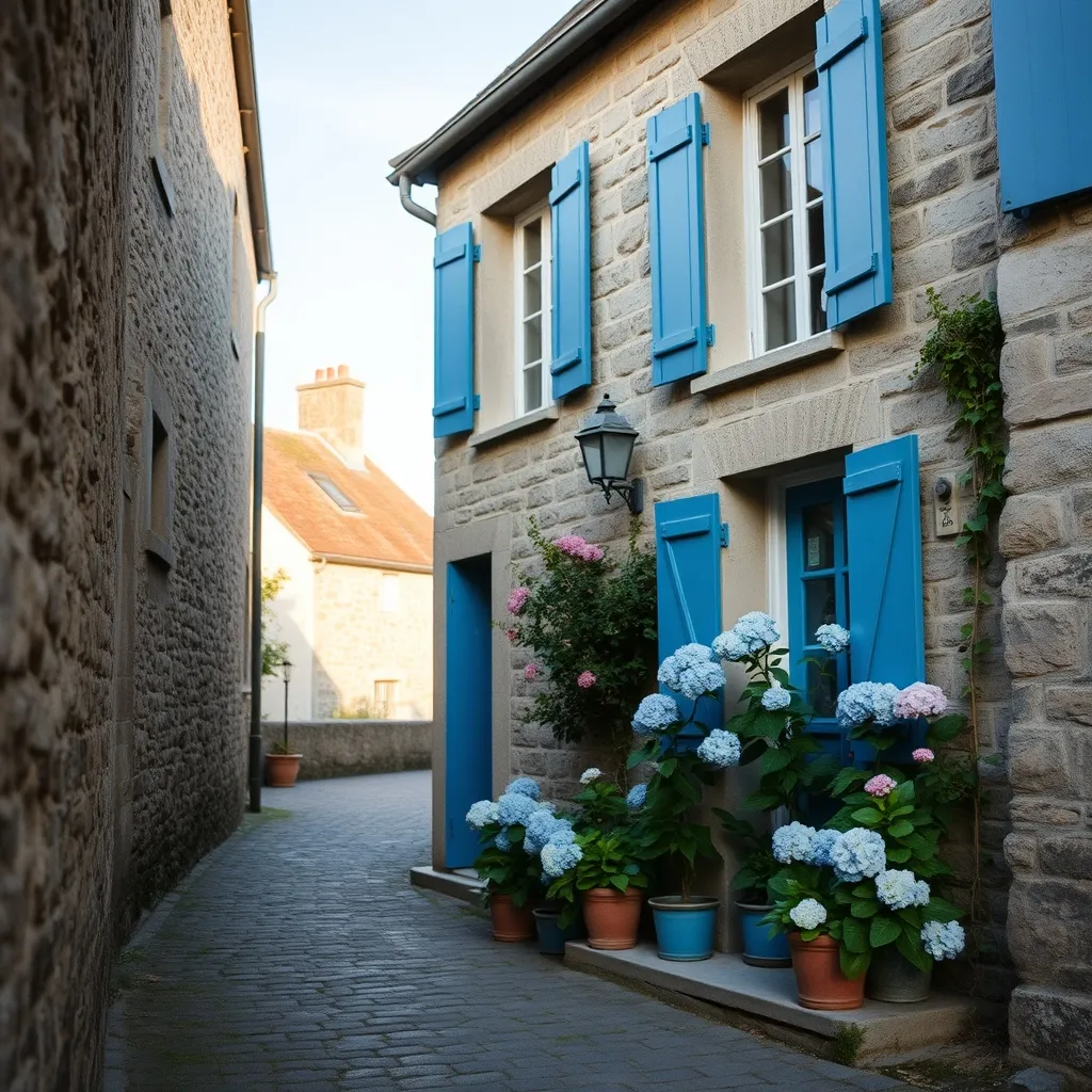 Maison de pêcheur typique de l'île de Groix avec ses volets bleus et son jardin fleuri
