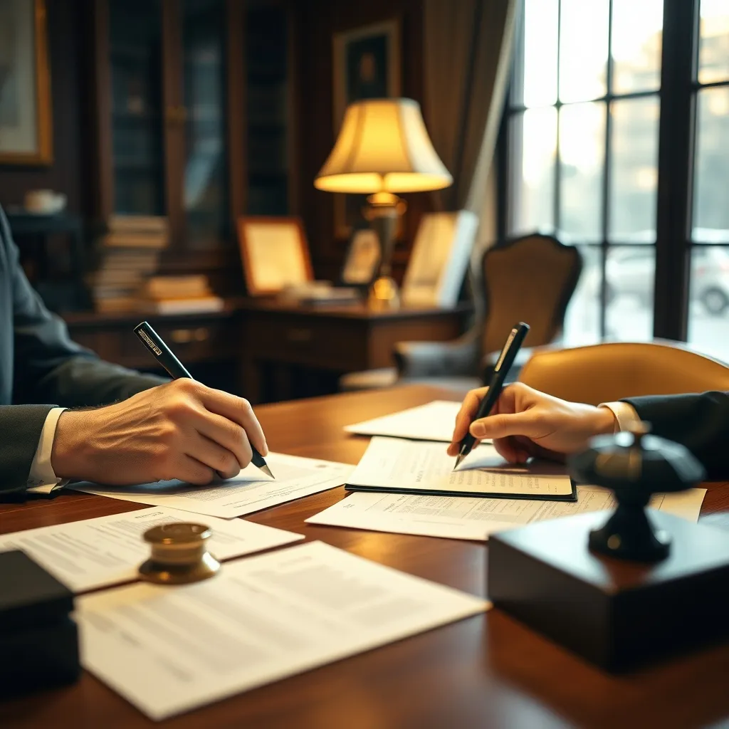 Signature de l'acte de vente d'un terrain chez le notaire