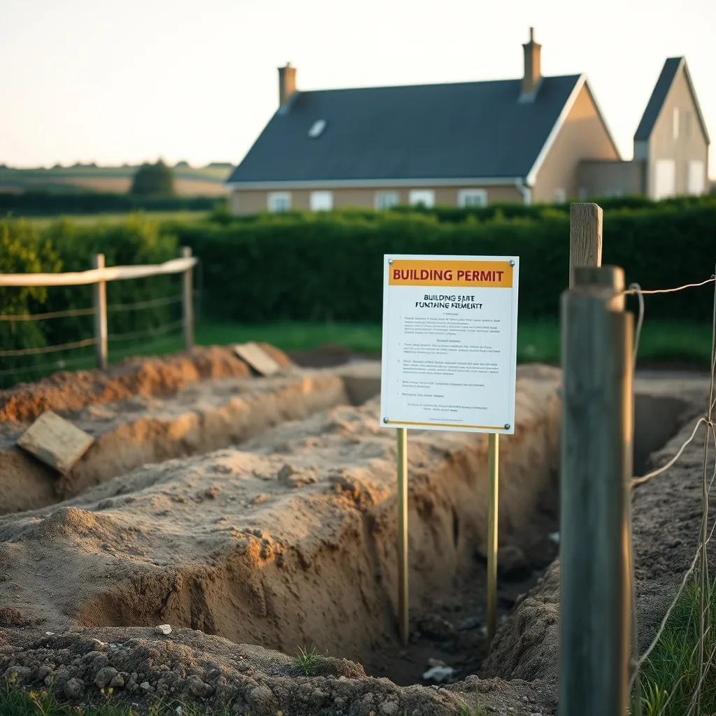 Chantier en phase de terrassement avec affichage réglementaire du permis