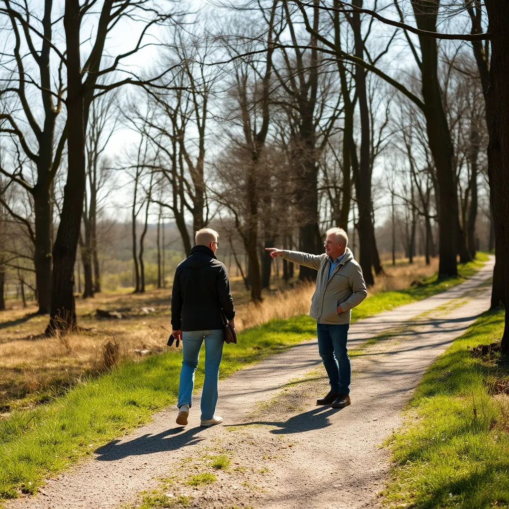 Visite d'un terrain de loisir boisé avec une professionnelle de l'immobilier