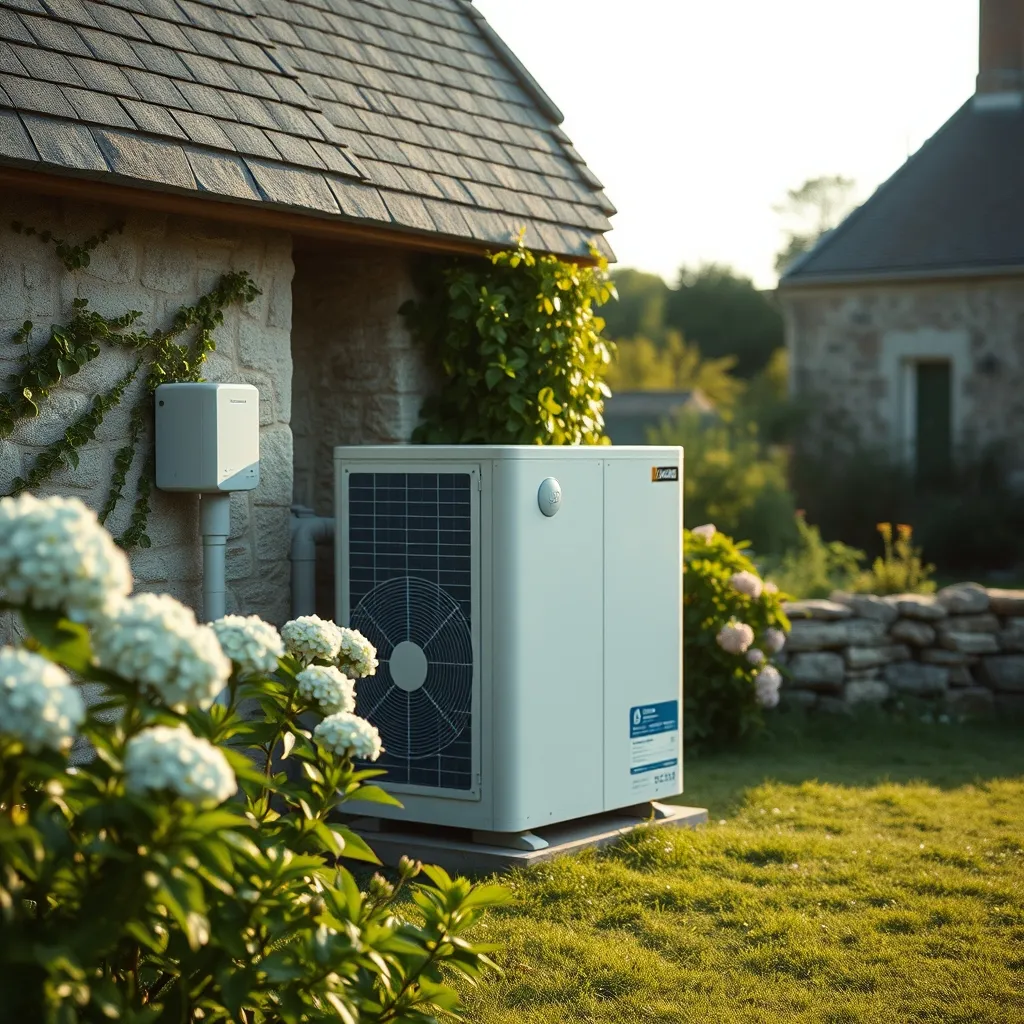 Pompe à chaleur air-eau installée à côté d'une maison rénovée dans le Morbihan