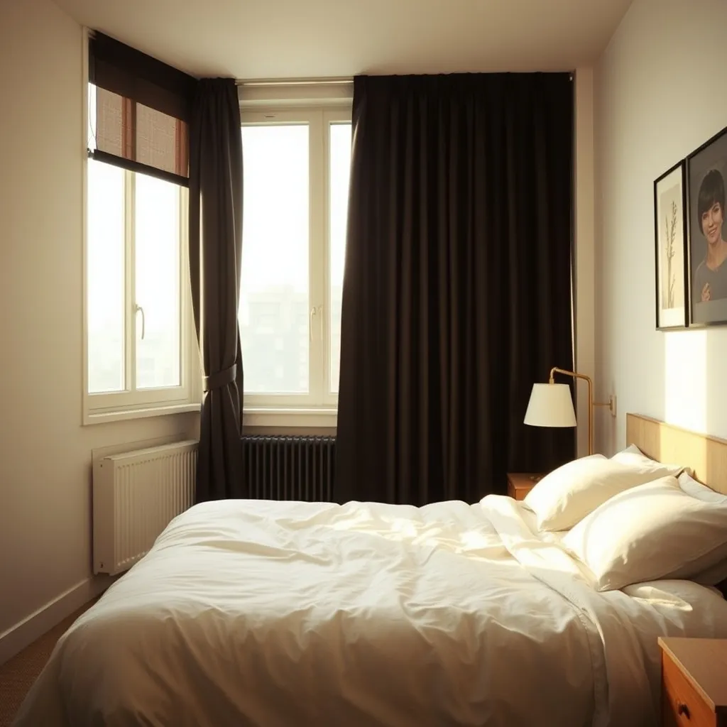 Chambre meublée avec literie complète et rideaux occultants conformes au décret