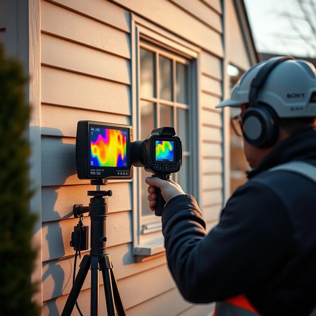 Un auditeur réalise une thermographie infrarouge sur la façade d'une copropriété pour détecter les déperditions thermiques