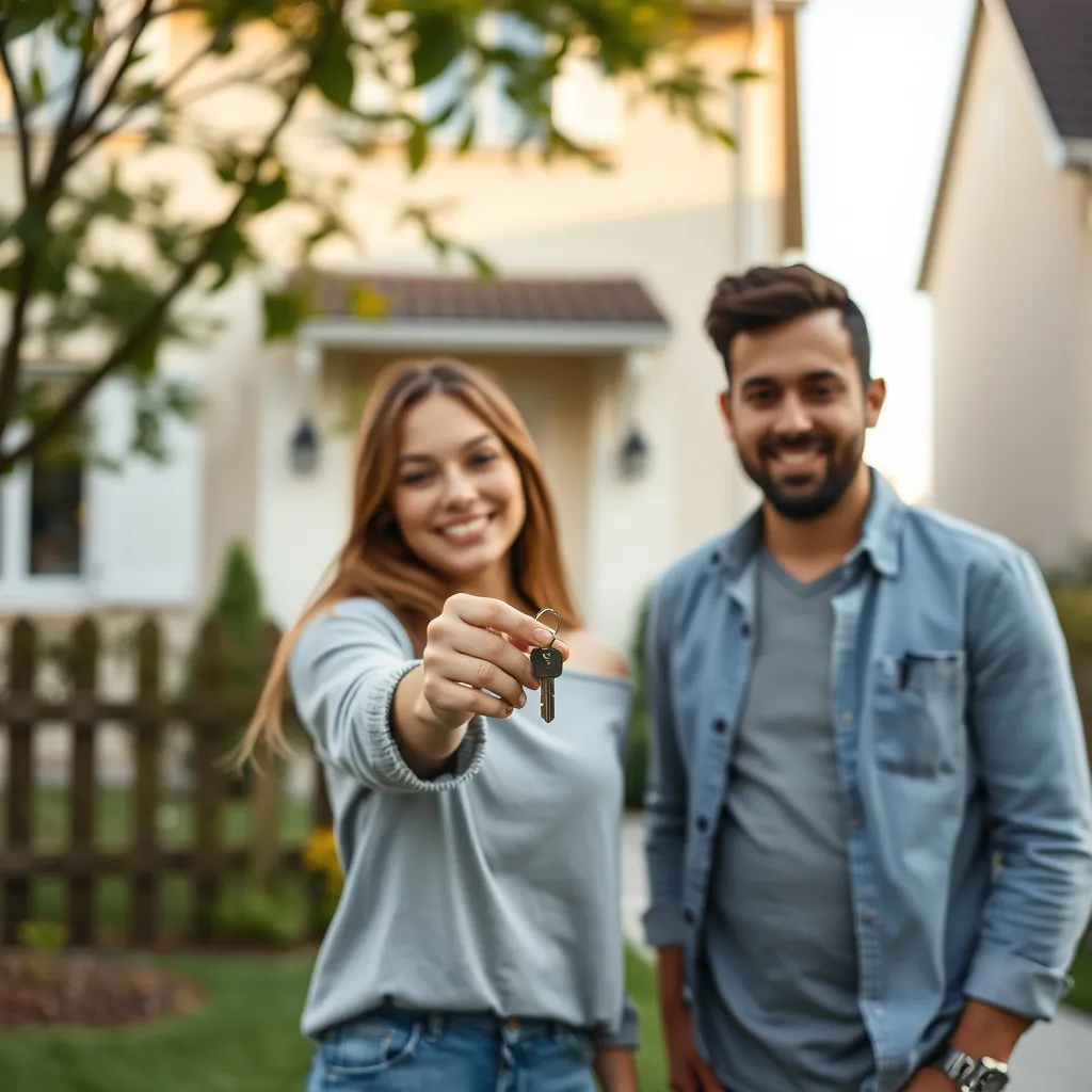 Nouveaux propriétaires devant leur maison après obtention du prêt immobilier